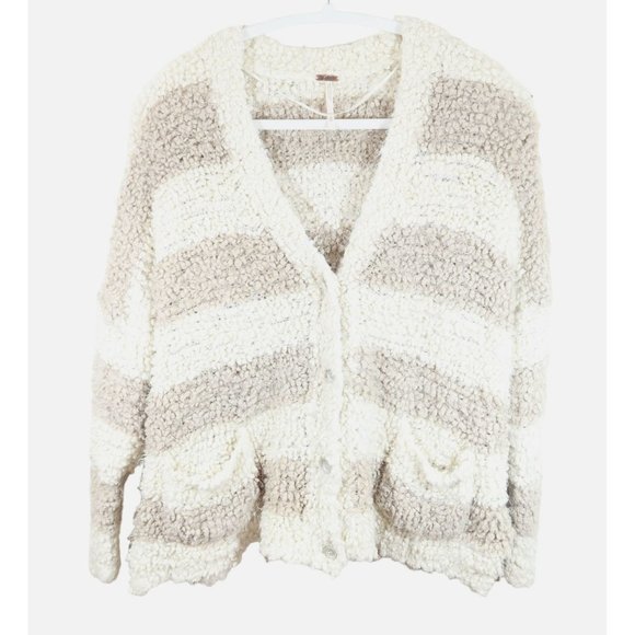 Free People Sweaters - FREE PEOPLE Size XS Marshmallow Striped Fuzzy Boyfriend Slouchy Cardigan Sweater